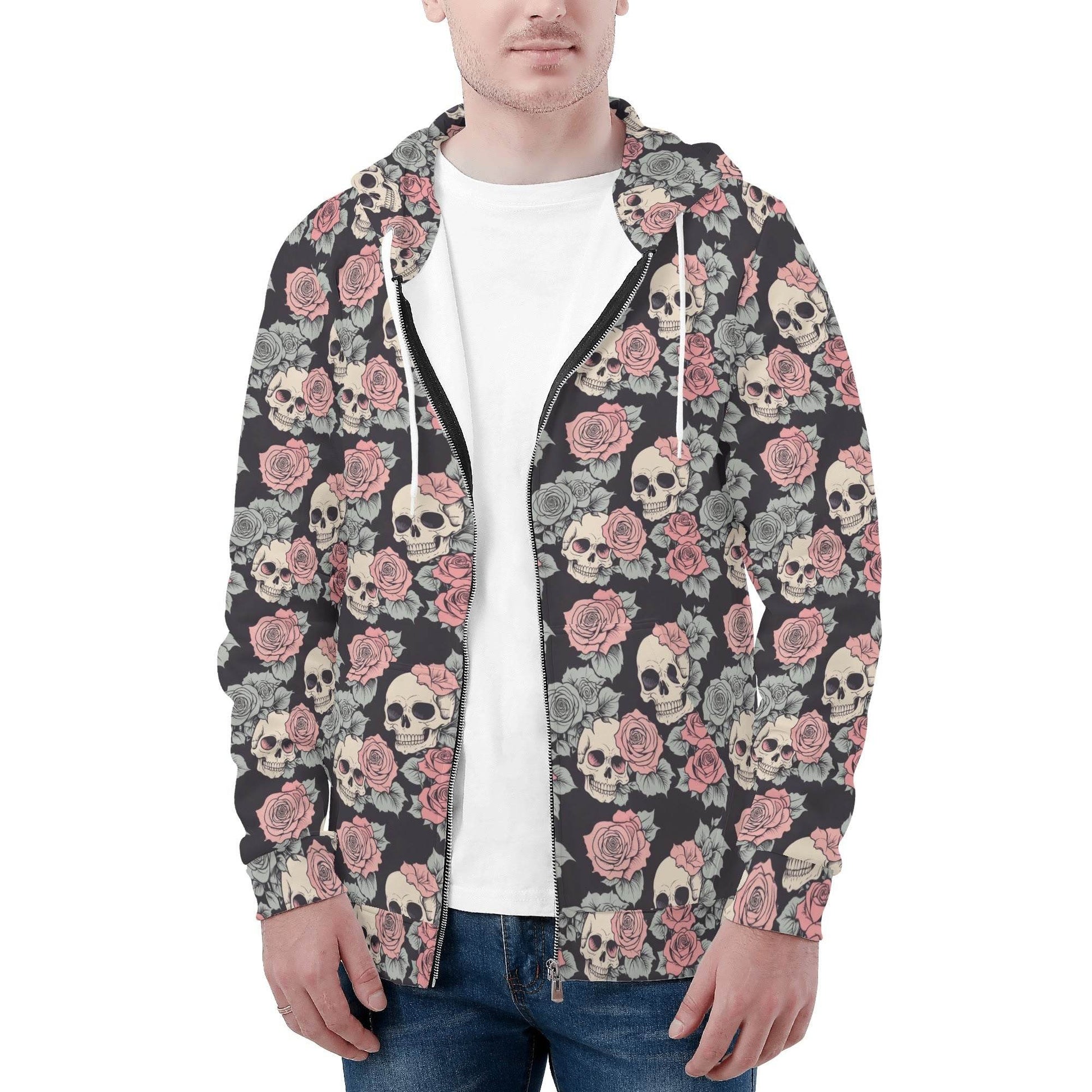 Men's Skull and Pink Rose Classic Zip Up Hoodie Warm Jacket - DeRose Seasonal