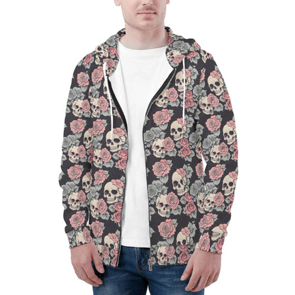 Men's Skull and Pink Rose Classic Zip Up Hoodie Warm Jacket - DeRose Seasonal