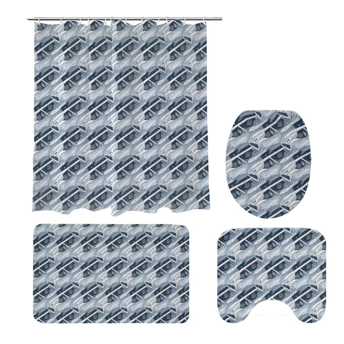 Blue Wind Bathroom Four-Piece Set(Shower Curtain + Toilet Cover Mat + Toilet Foot Mat + Floor Mat)| Polyester - DeRose Seasonal