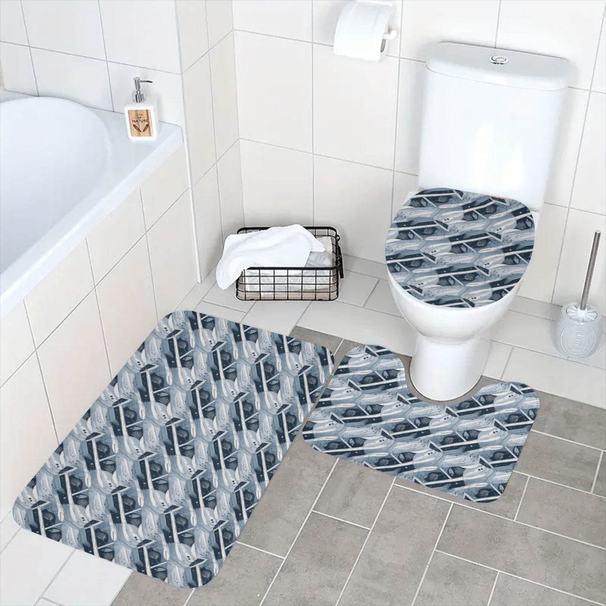 Blue Wind Bathroom Four-Piece Set(Shower Curtain + Toilet Cover Mat + Toilet Foot Mat + Floor Mat)| Polyester - DeRose Seasonal