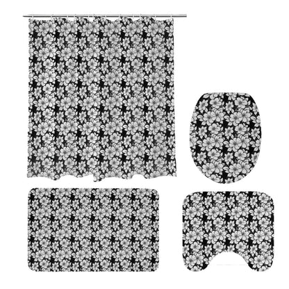 Black and White Floral Bathroom Four-Piece Set(Shower Curtain + Toilet Cover Mat + Toilet Foot Mat + Floor Mat)| Polyester - DeRose Seasonal