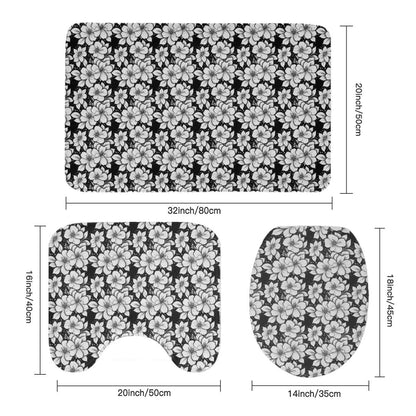 Black and White Floral Bathroom Four-Piece Set(Shower Curtain + Toilet Cover Mat + Toilet Foot Mat + Floor Mat)| Polyester - DeRose Seasonal