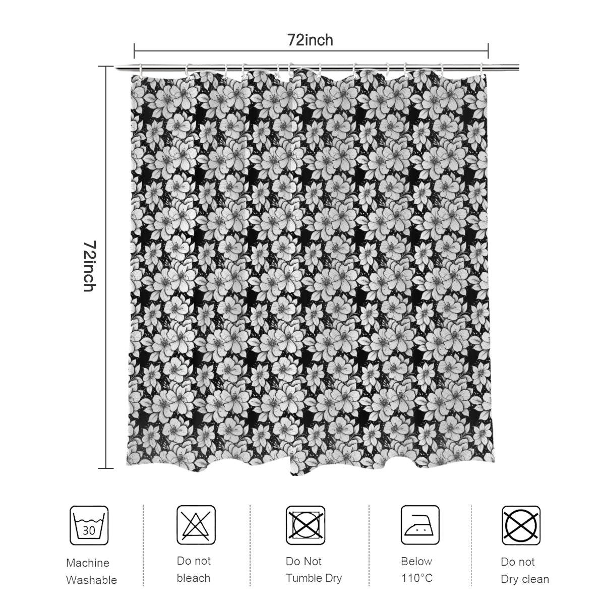 Black and White Floral Bathroom Four-Piece Set(Shower Curtain + Toilet Cover Mat + Toilet Foot Mat + Floor Mat)| Polyester - DeRose Seasonal