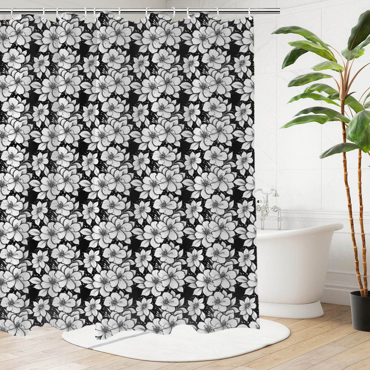 Black and White Floral Bathroom Four-Piece Set(Shower Curtain + Toilet Cover Mat + Toilet Foot Mat + Floor Mat)| Polyester - DeRose Seasonal