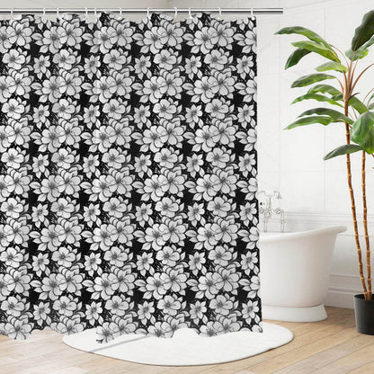 Black and White Floral Bathroom Four-Piece Set(Shower Curtain + Toilet Cover Mat + Toilet Foot Mat + Floor Mat)| Polyester - DeRose Seasonal