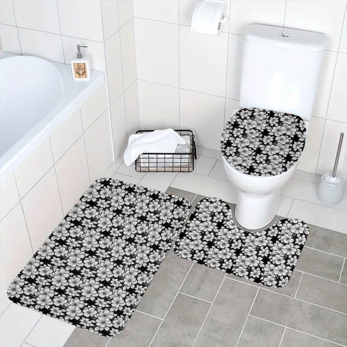 Black and White Floral Bathroom Four-Piece Set(Shower Curtain + Toilet Cover Mat + Toilet Foot Mat + Floor Mat)| Polyester - DeRose Seasonal