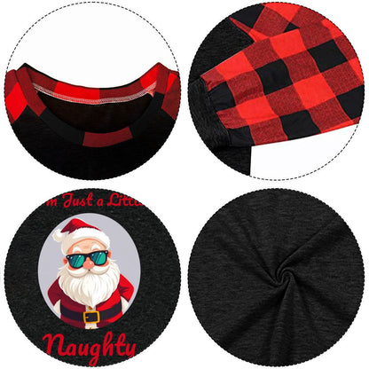 Naughty Santa Women's long Sleeve Crew Neck Plaid T-Shirt - DeRose Seasonal