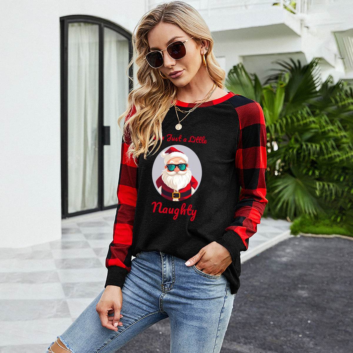 Naughty Santa Women's long Sleeve Crew Neck Plaid T-Shirt - DeRose Seasonal