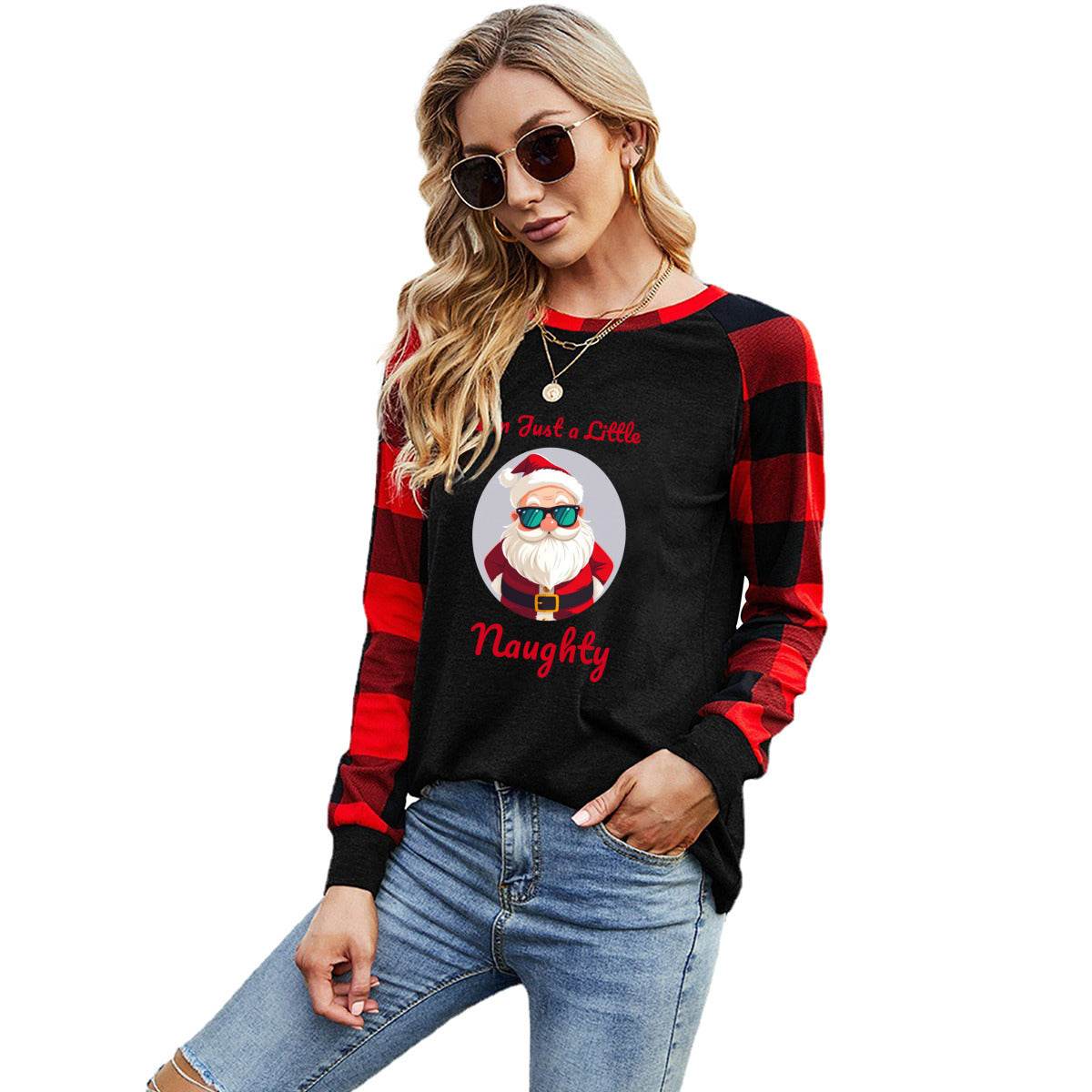 Naughty Santa Women's long Sleeve Crew Neck Plaid T-Shirt - DeRose Seasonal