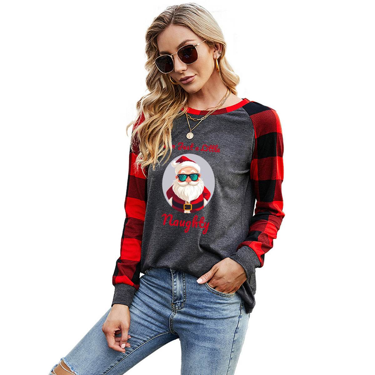 Naughty Santa Women's long Sleeve Crew Neck Plaid T-Shirt - DeRose Seasonal