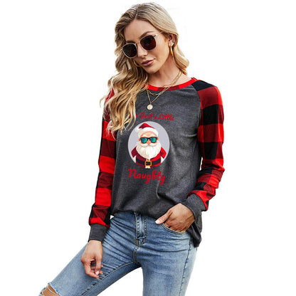 Naughty Santa Women's long Sleeve Crew Neck Plaid T-Shirt - DeRose Seasonal