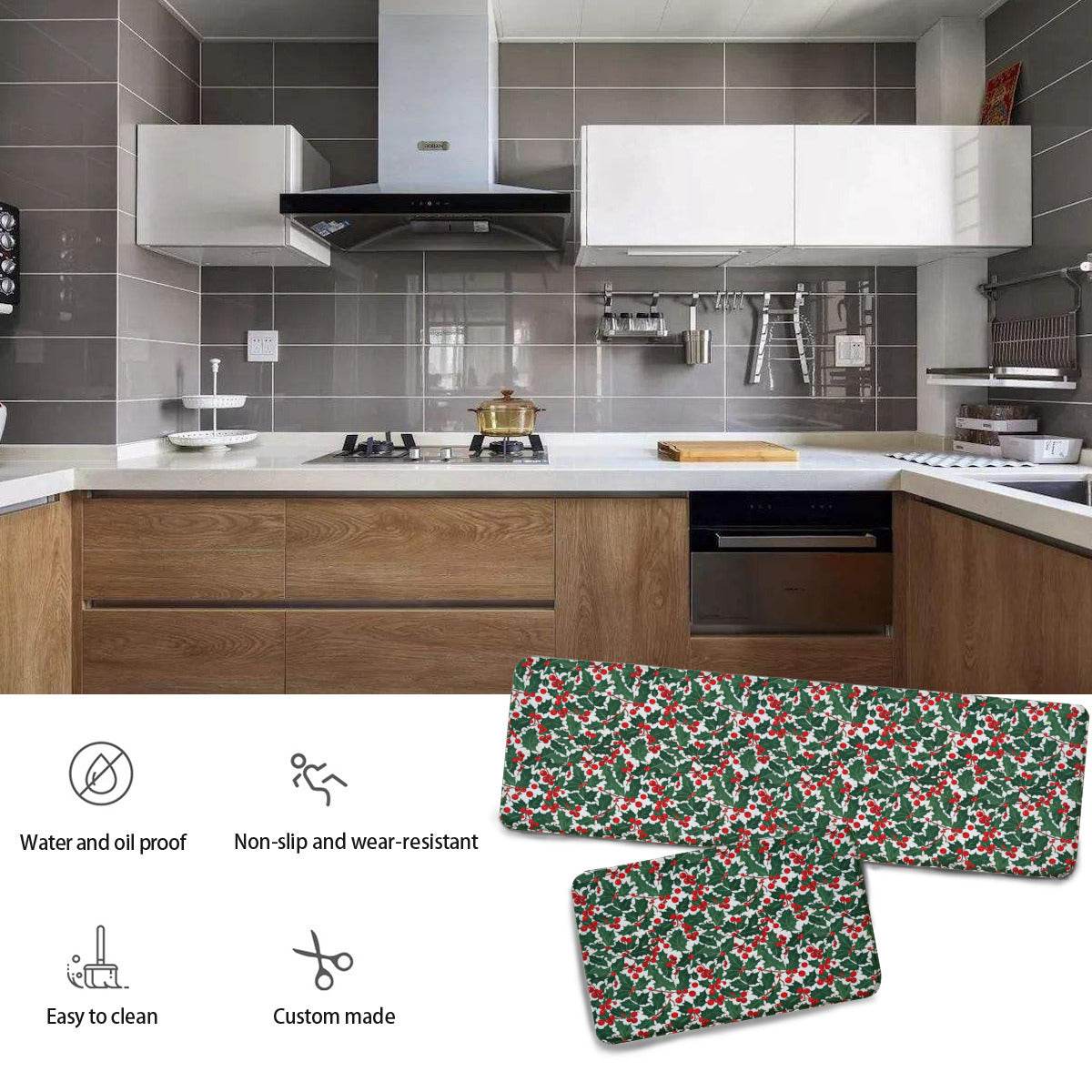 Non-slip two-piece M kitchen mat | Flannel - ChristmasHolly3-1 - DeRose Seasonal