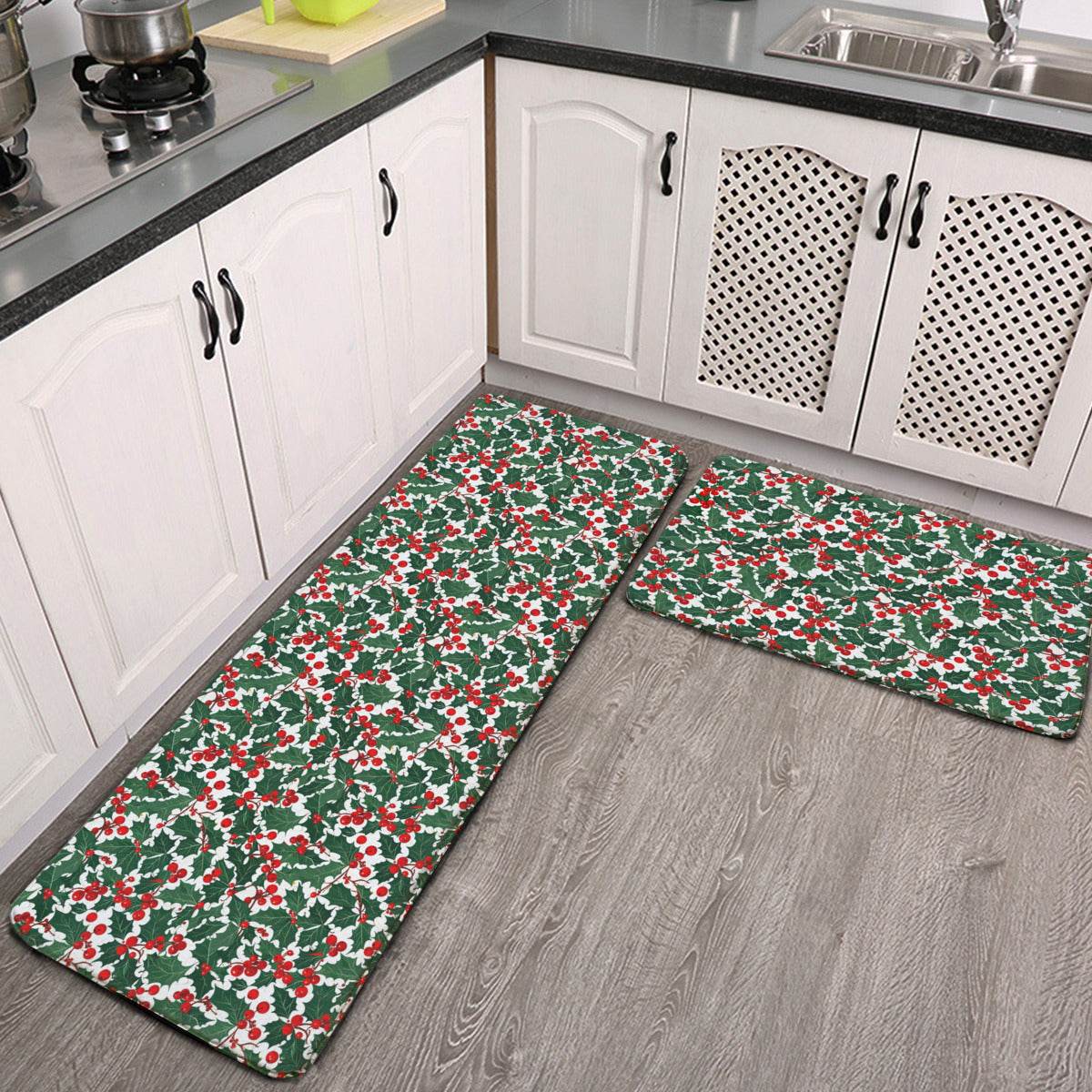 Non-slip two-piece M kitchen mat | Flannel - ChristmasHolly3-1 - DeRose Seasonal