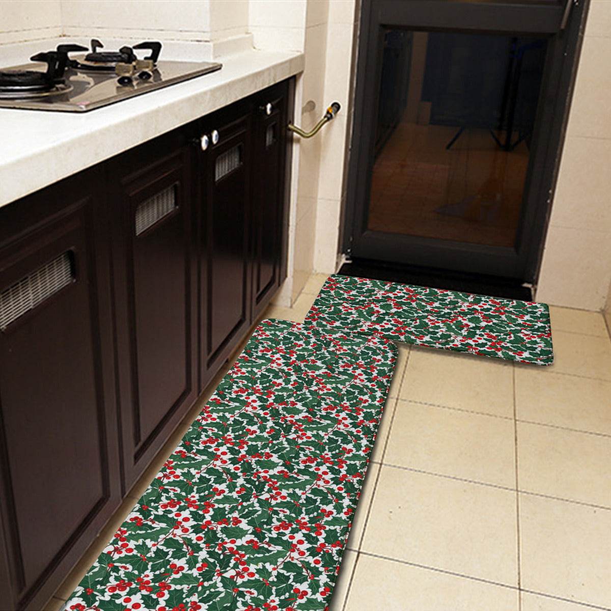 Non-slip two-piece M kitchen mat | Flannel - ChristmasHolly3-1 - DeRose Seasonal