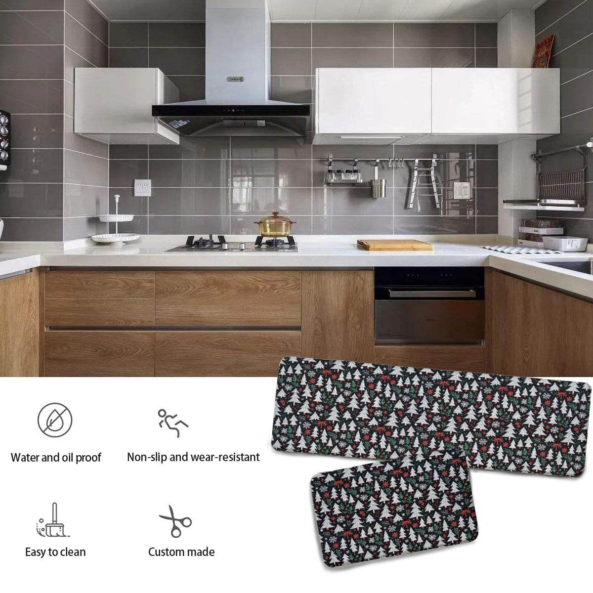 Non-slip two-piece M kitchen mat | Flannel - ChristmasTrees1-1 - DeRose Seasonal
