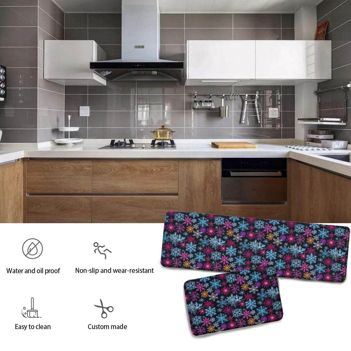 Non-slip two-piece M kitchen mat | Flannel - Colorful-Party-Snow-Flakes - DeRose Seasonal