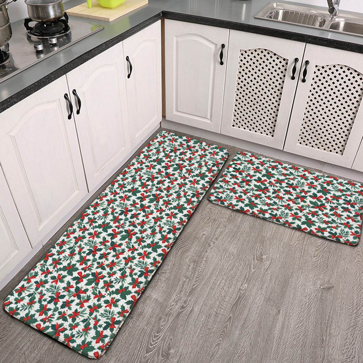Non-slip two-piece M kitchen mat | Flannel - HollyBow1-1 - DeRose Seasonal