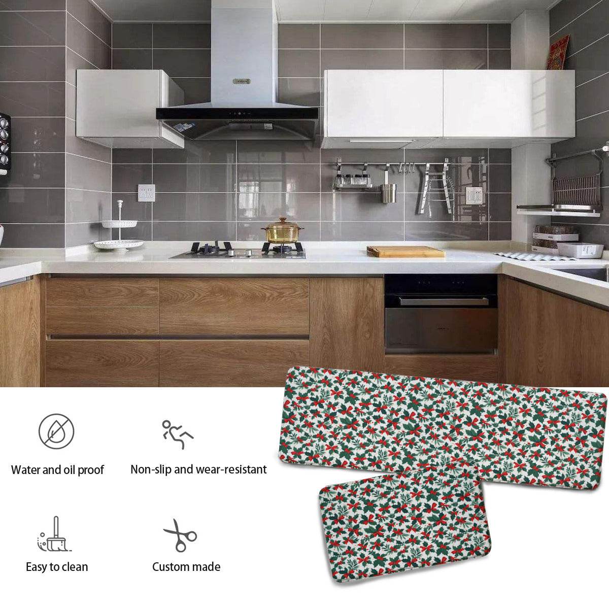 Non-slip two-piece M kitchen mat | Flannel - HollyBow1-1 - DeRose Seasonal