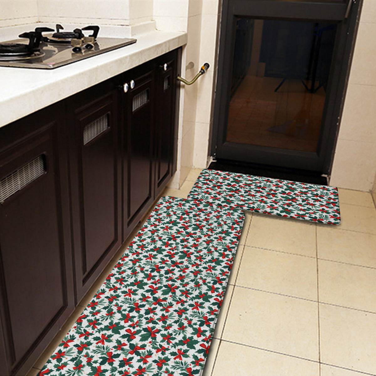 Non-slip two-piece M kitchen mat | Flannel - HollyBow1-1 - DeRose Seasonal