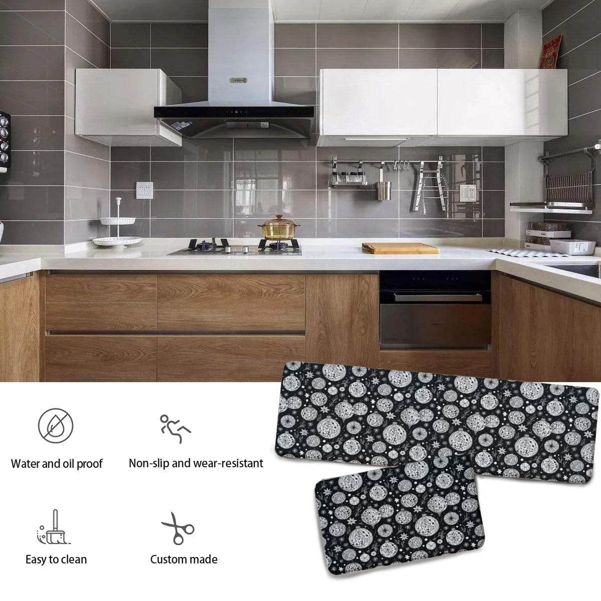 Non-slip two-piece M kitchen mat | Flannel - Ornaments1-1 - DeRose Seasonal
