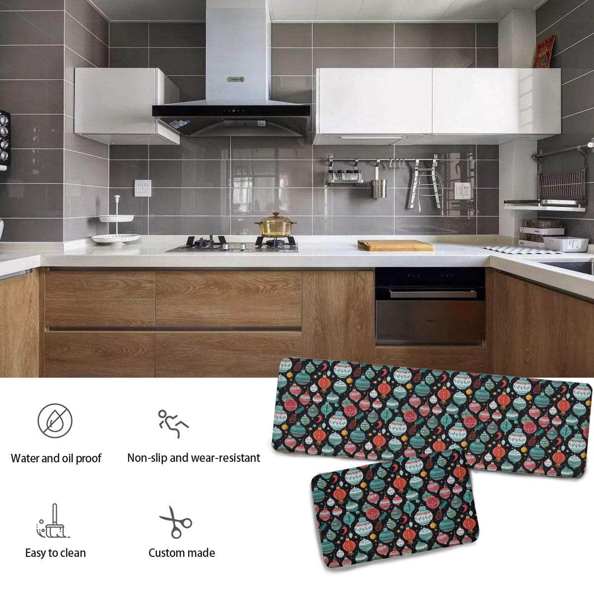 Non-slip two-piece M kitchen mat | Flannel - Ornaments4-1 - DeRose Seasonal