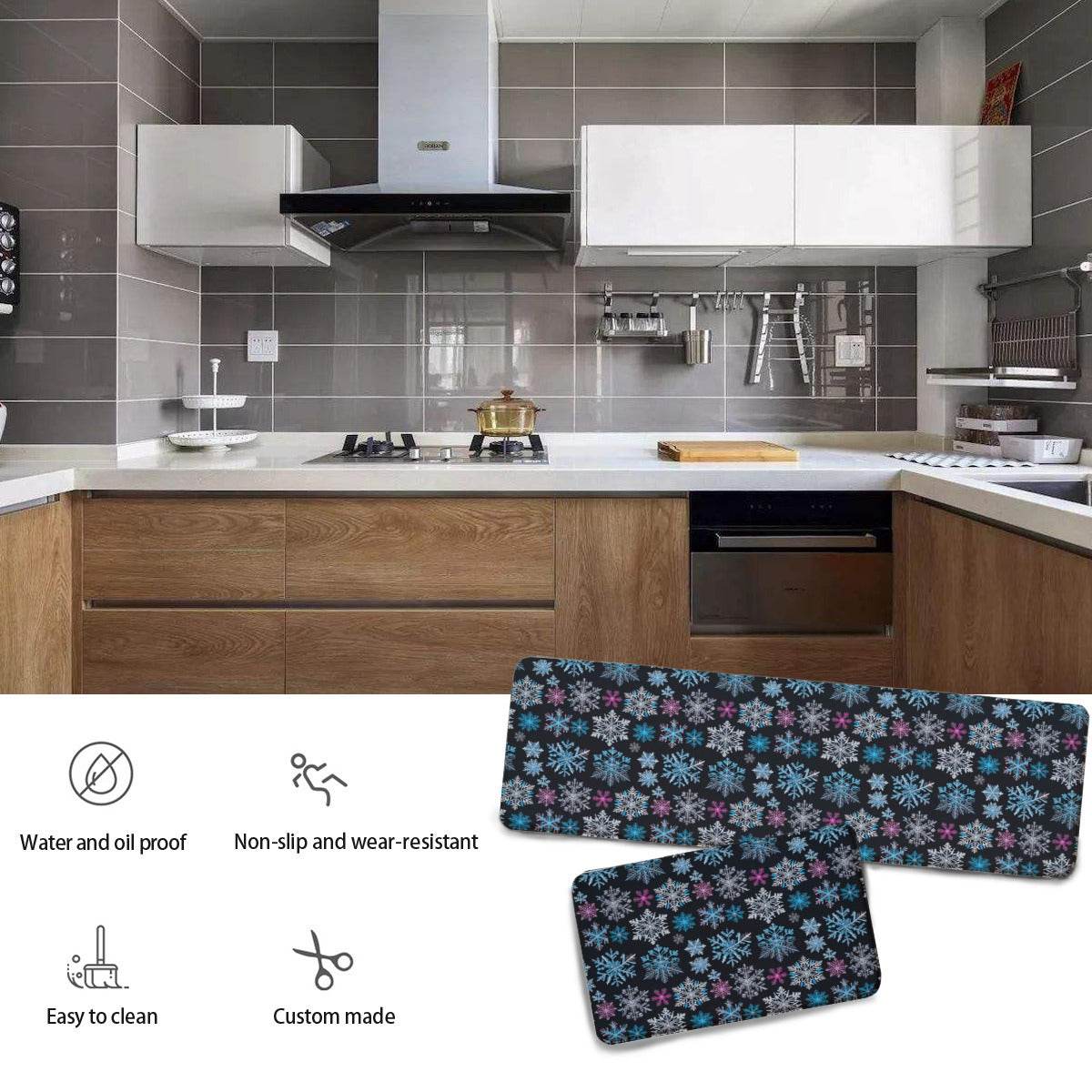 Non-slip two-piece M kitchen mat | Flannel - Party-Snow-Flakes - DeRose Seasonal