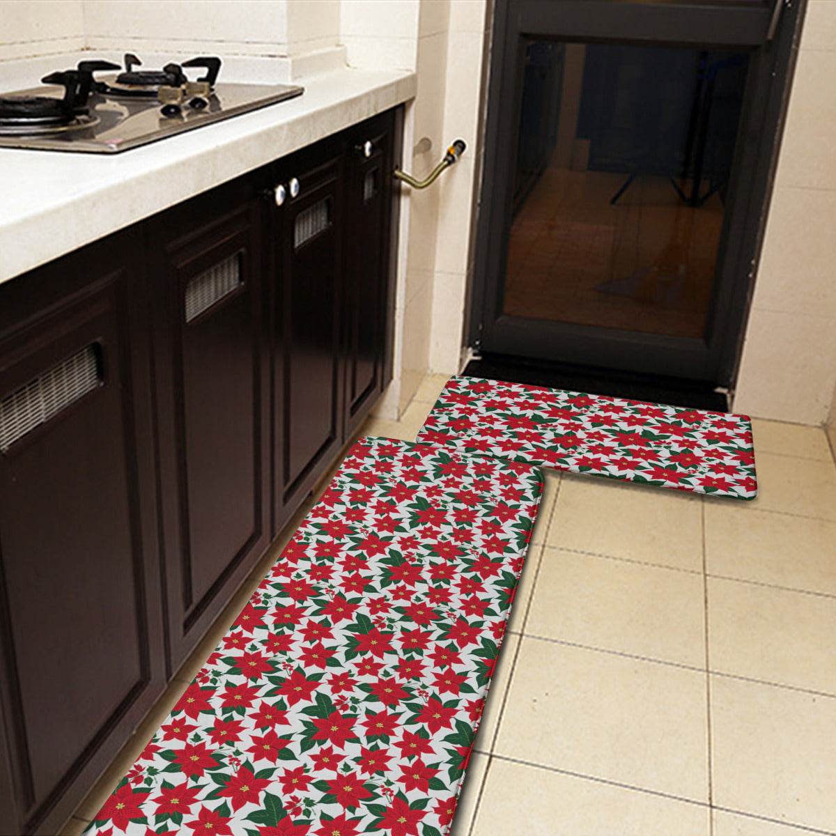 Non-slip two-piece M kitchen mat | Flannel - Poinsettia3-1 - DeRose Seasonal