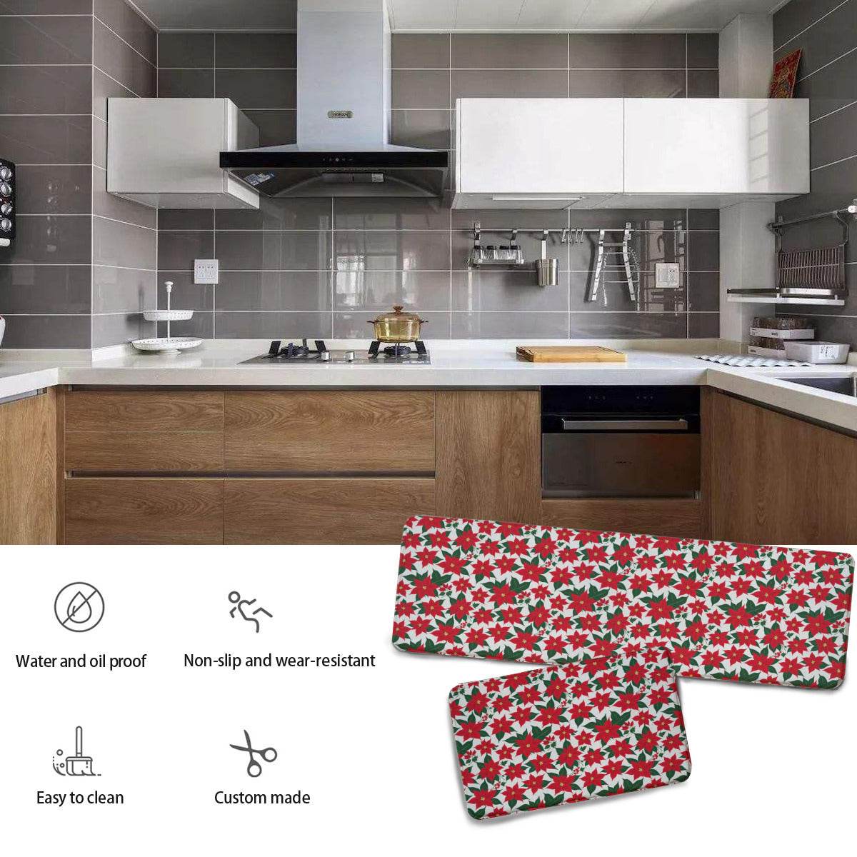 Non-slip two-piece M kitchen mat | Flannel - Poinsettia3-1 - DeRose Seasonal