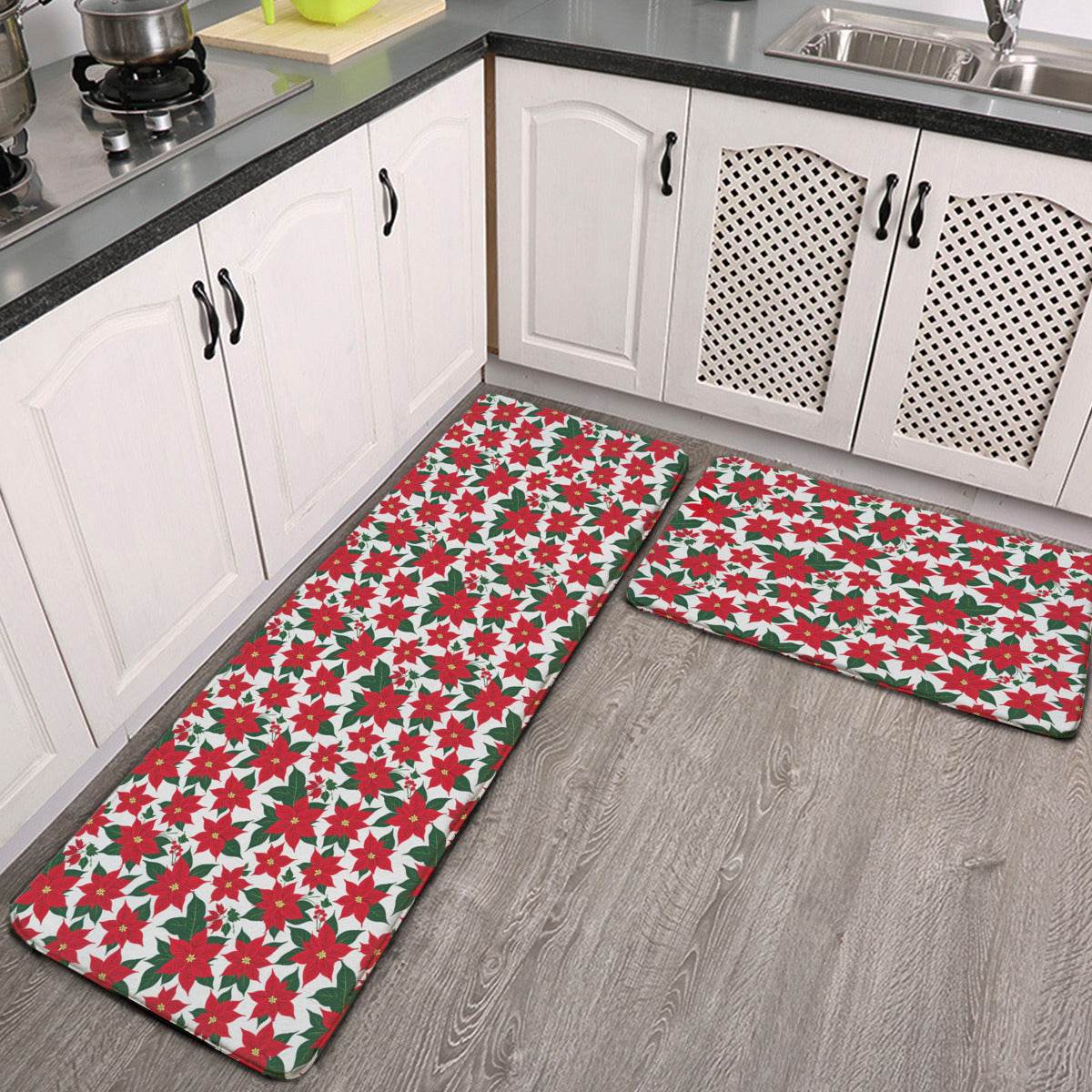 Non-slip two-piece M kitchen mat | Flannel - Poinsettia3-1 - DeRose Seasonal