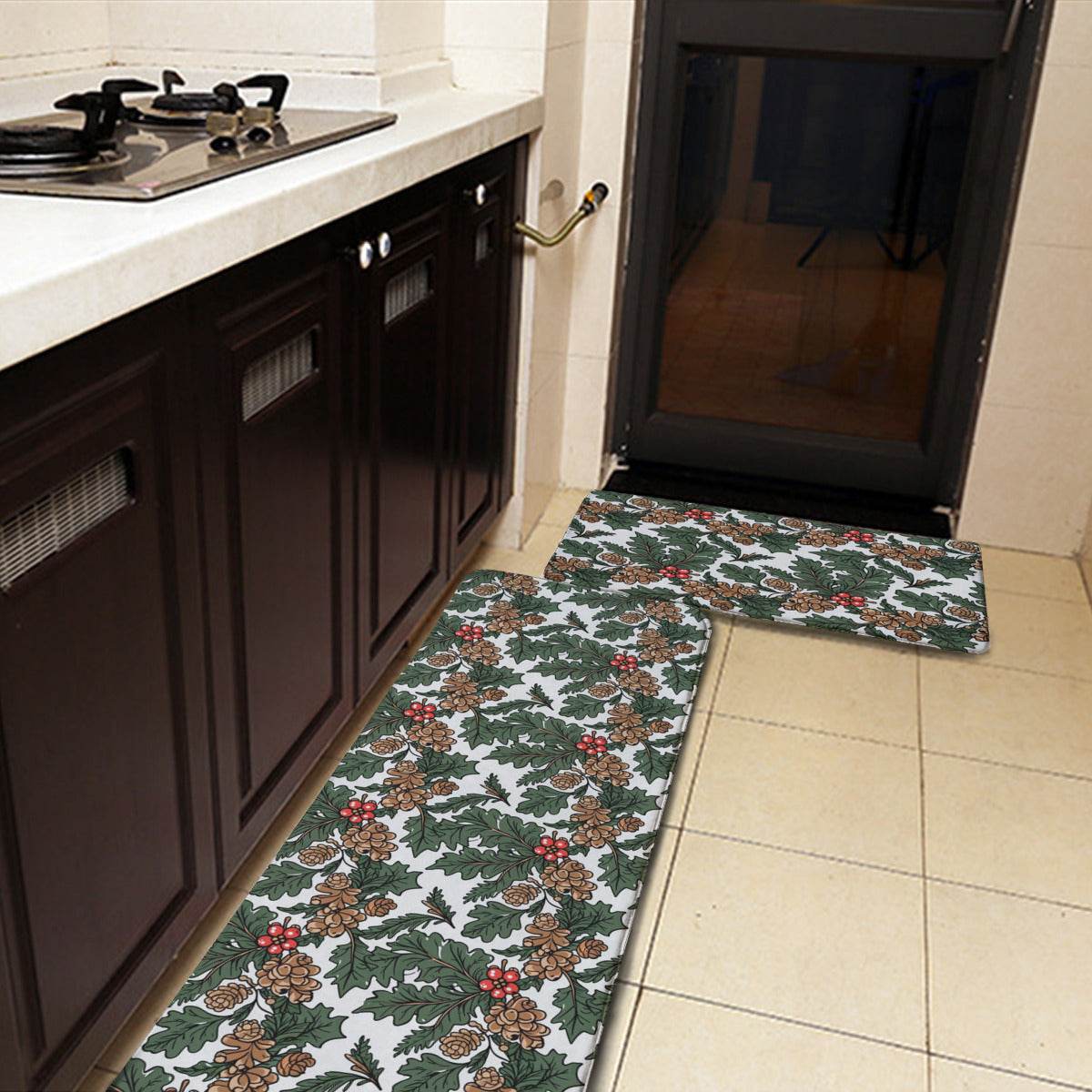 Non-slip two-piece M kitchen mat | Flannel - pineHolly2-1 - DeRose Seasonal