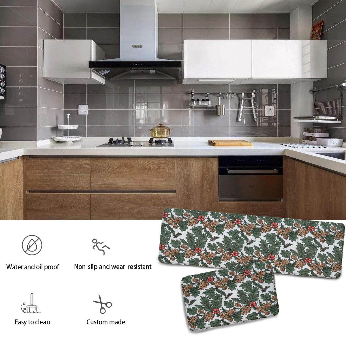 Non-slip two-piece M kitchen mat | Flannel - pineHolly2-1 - DeRose Seasonal