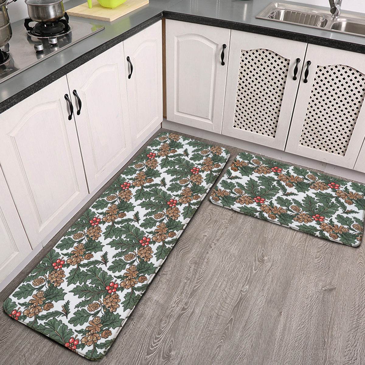 Non-slip two-piece M kitchen mat | Flannel - pineHolly2-1 - DeRose Seasonal
