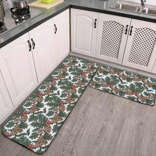 Non-slip two-piece M kitchen mat | Flannel - pineHolly2-1 - DeRose Seasonal
