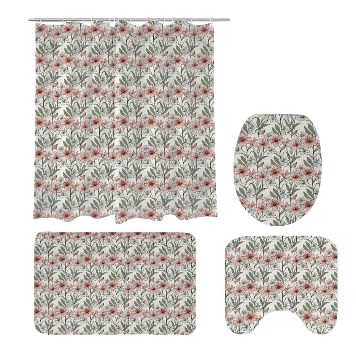 Japan Floral Bathroom Four-Piece Set(Shower Curtain + Toilet Cover Mat + Toilet Foot Mat + Floor Mat)| Polyester - DeRose Seasonal