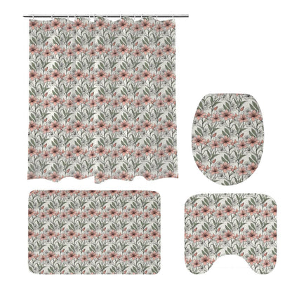Japan Floral Bathroom Four-Piece Set(Shower Curtain + Toilet Cover Mat + Toilet Foot Mat + Floor Mat)| Polyester - DeRose Seasonal
