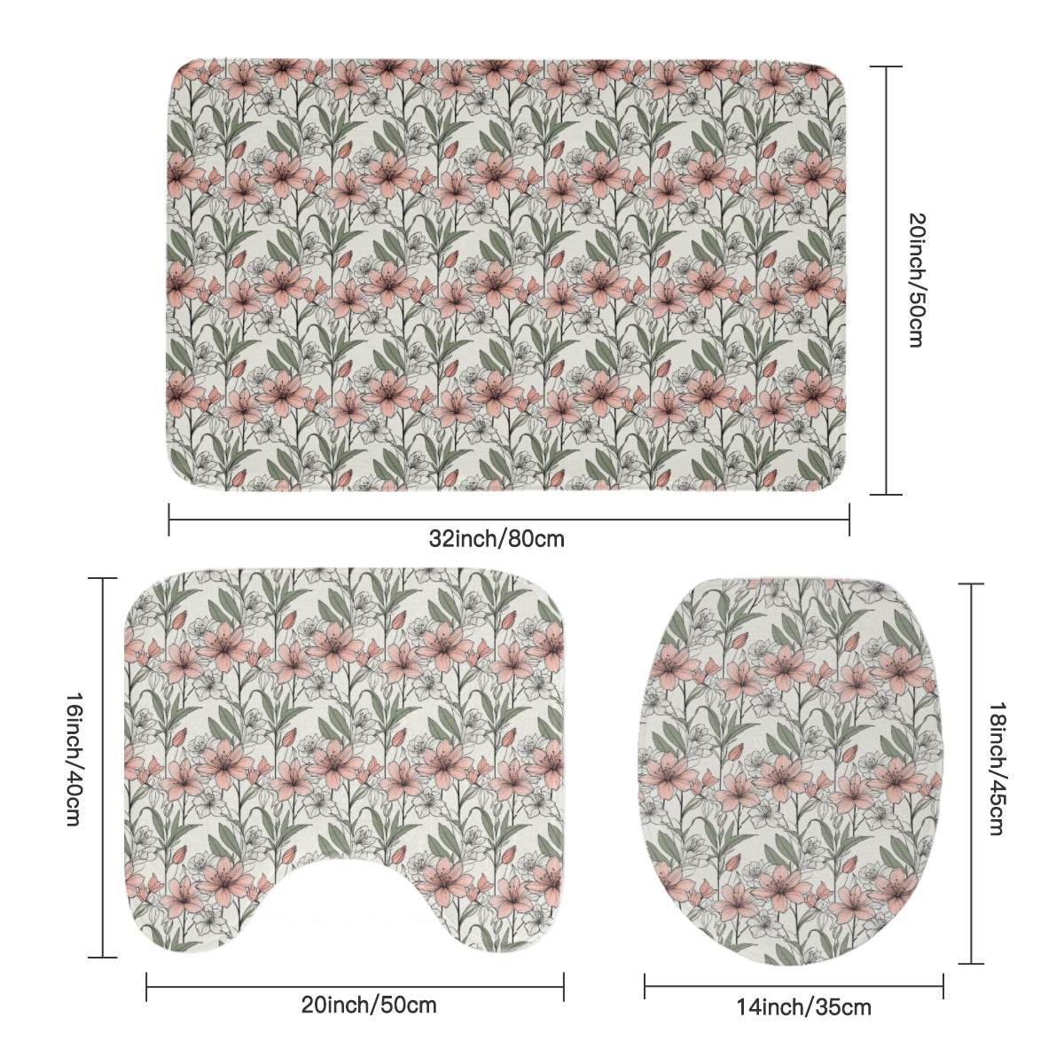 Japan Floral Bathroom Four-Piece Set(Shower Curtain + Toilet Cover Mat + Toilet Foot Mat + Floor Mat)| Polyester - DeRose Seasonal