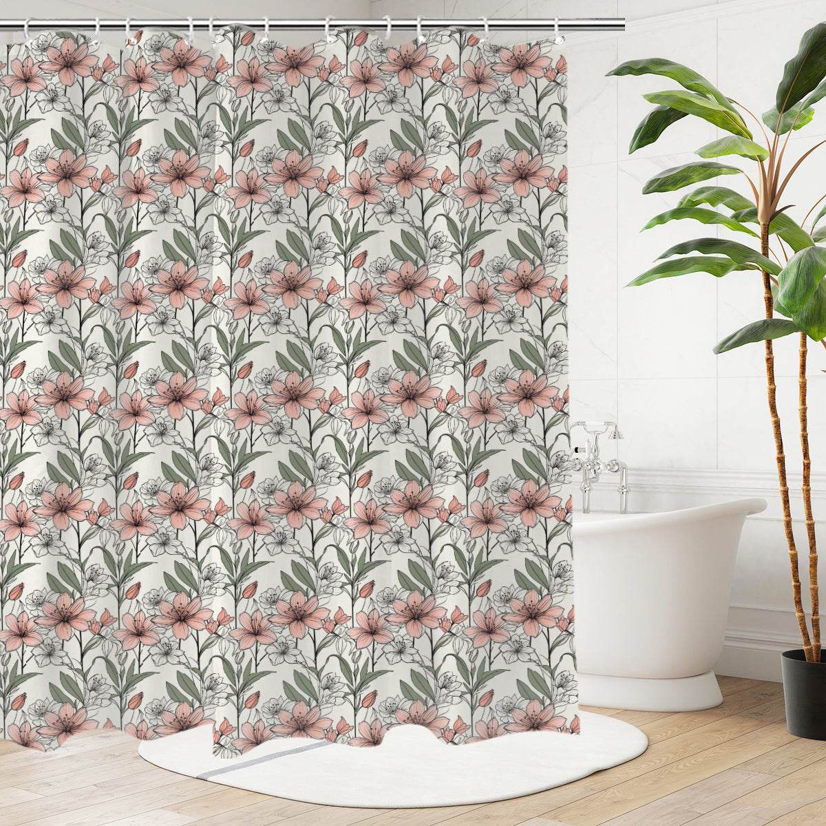Japan Floral Bathroom Four-Piece Set(Shower Curtain + Toilet Cover Mat + Toilet Foot Mat + Floor Mat)| Polyester - DeRose Seasonal