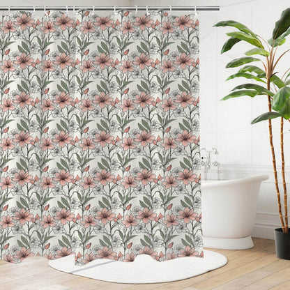 Japan Floral Bathroom Four-Piece Set(Shower Curtain + Toilet Cover Mat + Toilet Foot Mat + Floor Mat)| Polyester - DeRose Seasonal