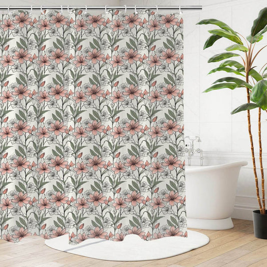 Japan Floral Bathroom Four-Piece Set(Shower Curtain + Toilet Cover Mat + Toilet Foot Mat + Floor Mat)| Polyester - DeRose Seasonal