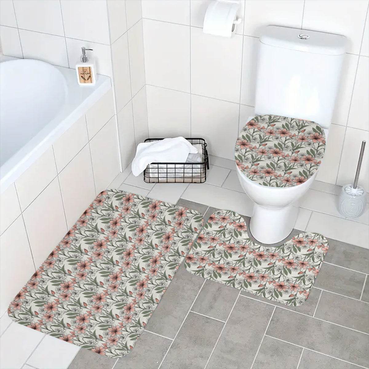 Japan Floral Bathroom Four-Piece Set(Shower Curtain + Toilet Cover Mat + Toilet Foot Mat + Floor Mat)| Polyester - DeRose Seasonal
