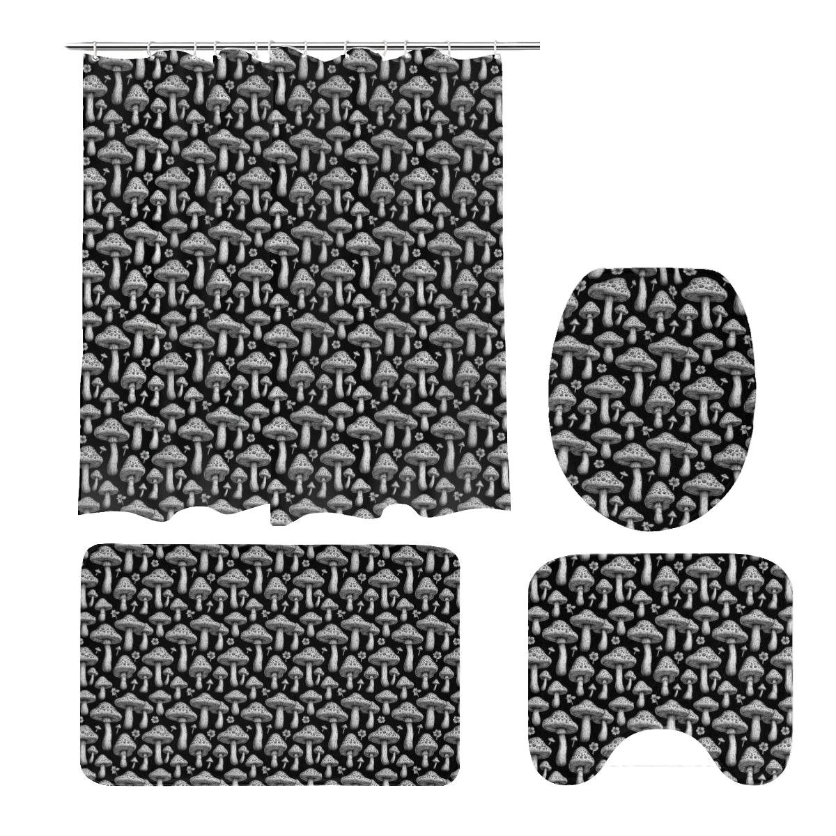Black and White Mushrooms Bathroom Four-Piece Set(Shower Curtain + Toilet Cover Mat + Toilet Foot Mat + Floor Mat)| Polyester - DeRose Seasonal