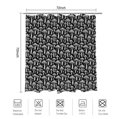 Black and White Mushrooms Bathroom Four-Piece Set(Shower Curtain + Toilet Cover Mat + Toilet Foot Mat + Floor Mat)| Polyester - DeRose Seasonal