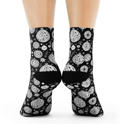 Black and White Ornament Polyester Christmas Crew Socks 3 sizes - DeRose Seasonal