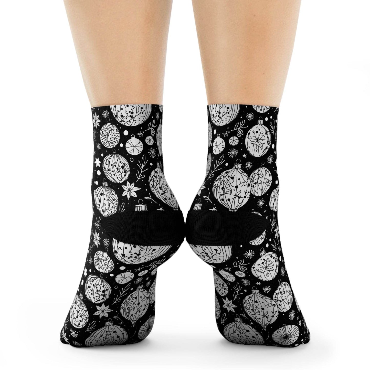 Black and White Ornament Polyester Christmas Crew Socks 3 sizes - DeRose Seasonal