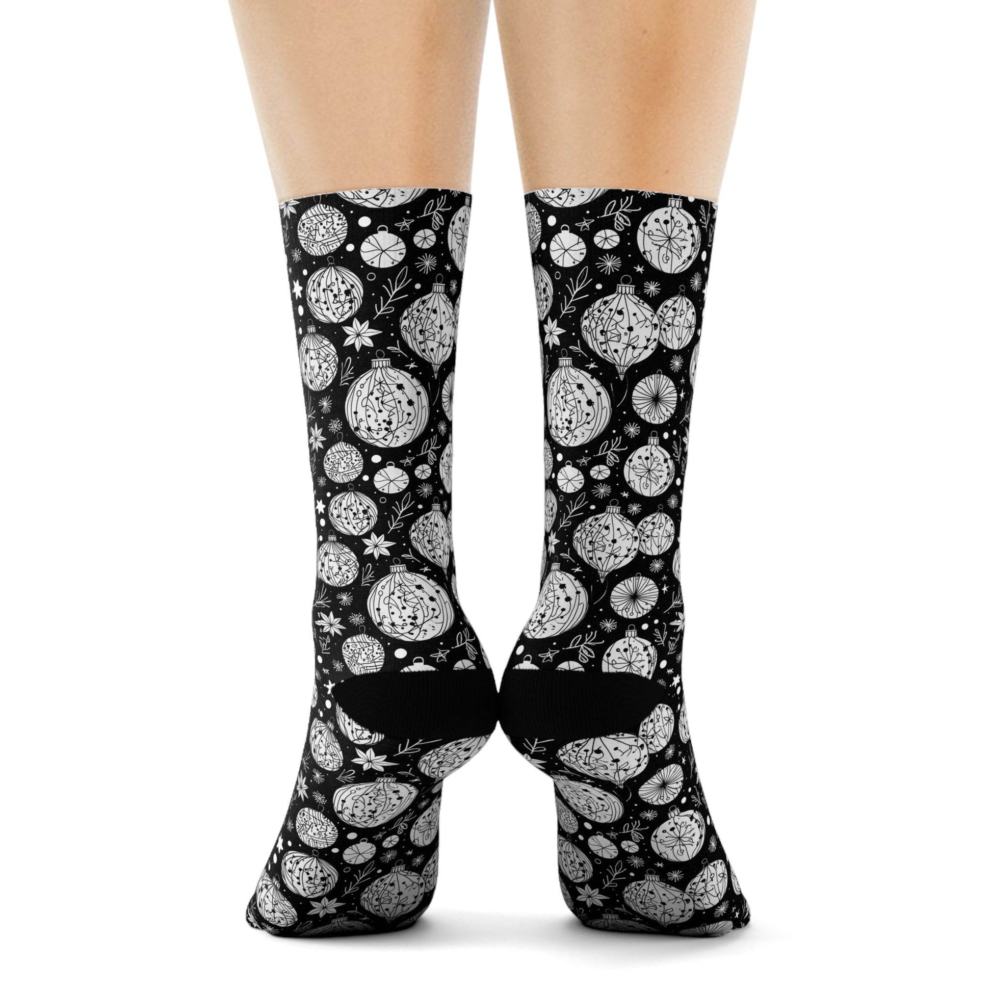 Black and White Ornament Polyester Christmas Crew Socks 3 sizes - DeRose Seasonal