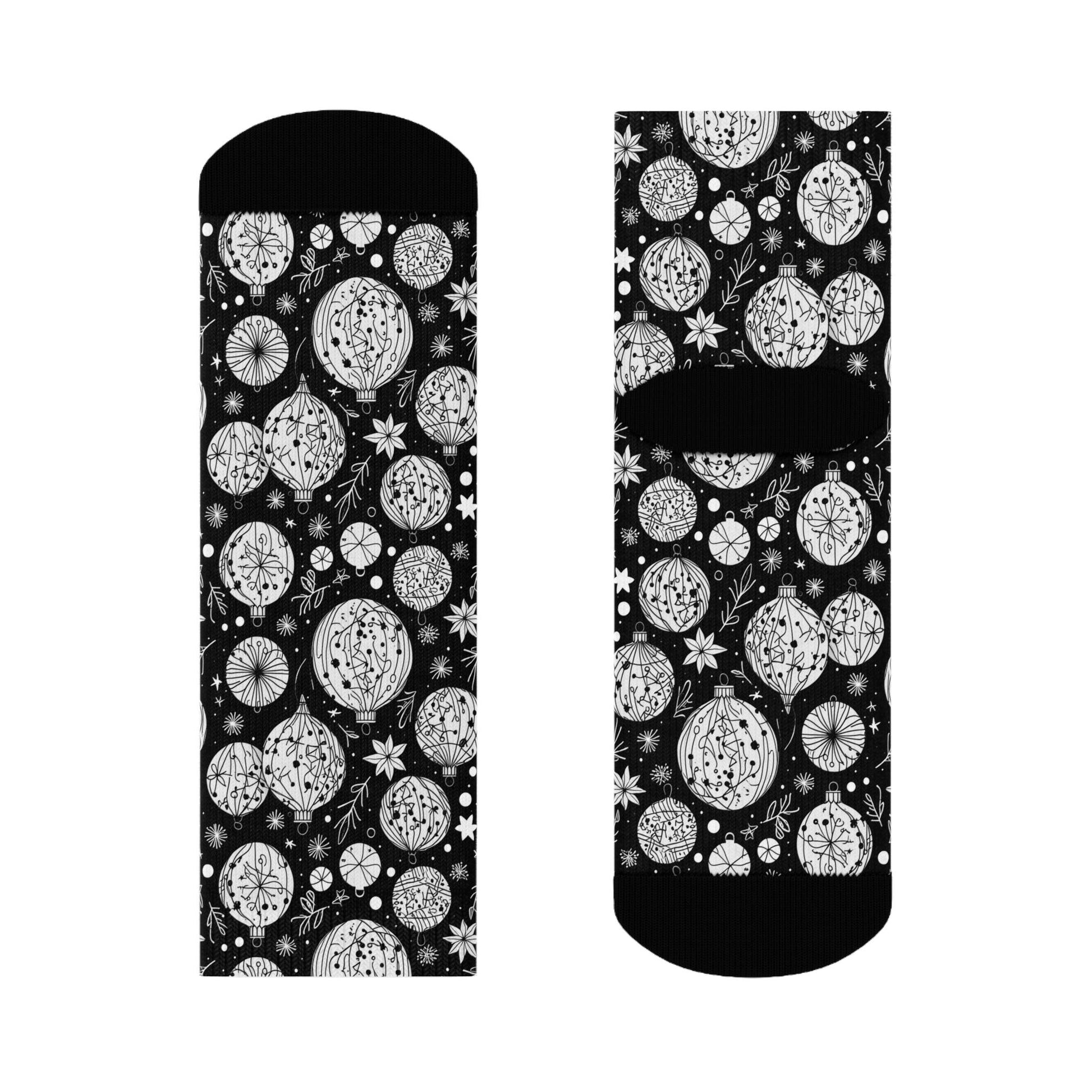 Black and White Ornament Polyester Christmas Crew Socks 3 sizes - DeRose Seasonal