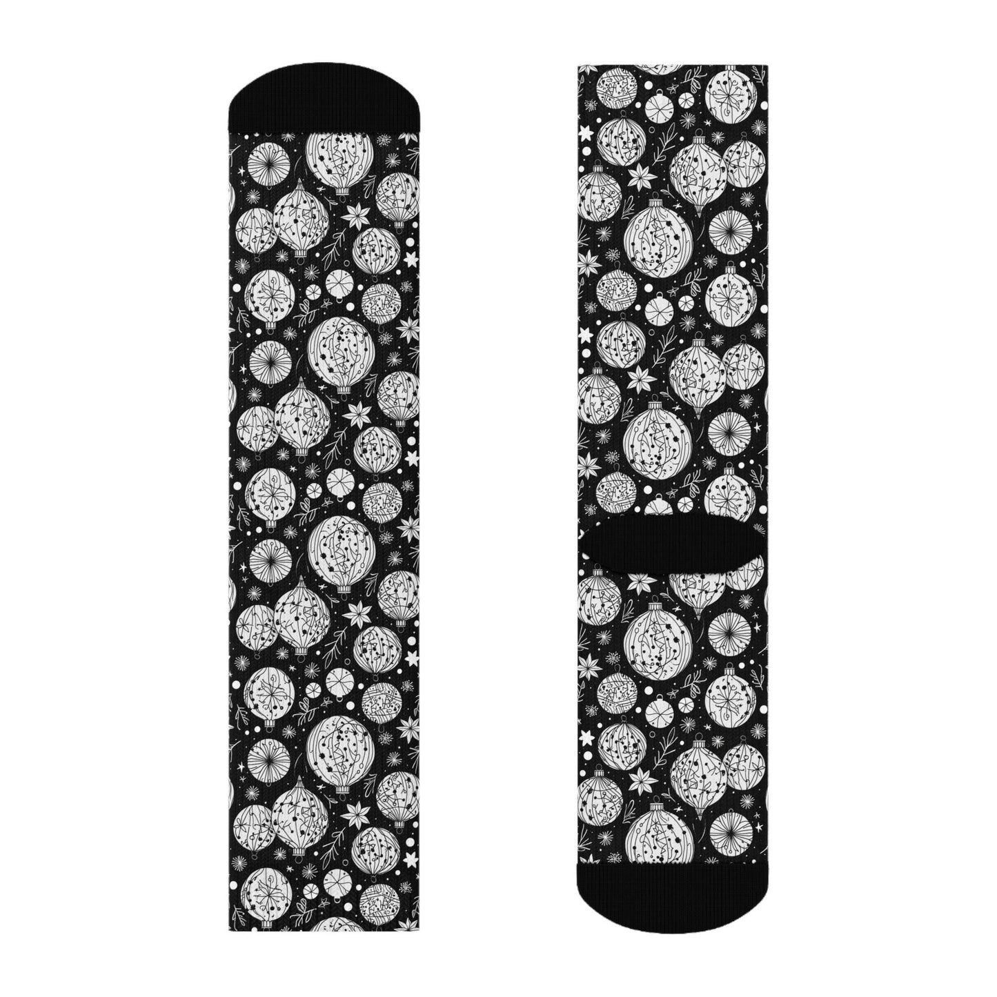 Black and White Ornament Polyester Christmas Crew Socks 3 sizes - DeRose Seasonal