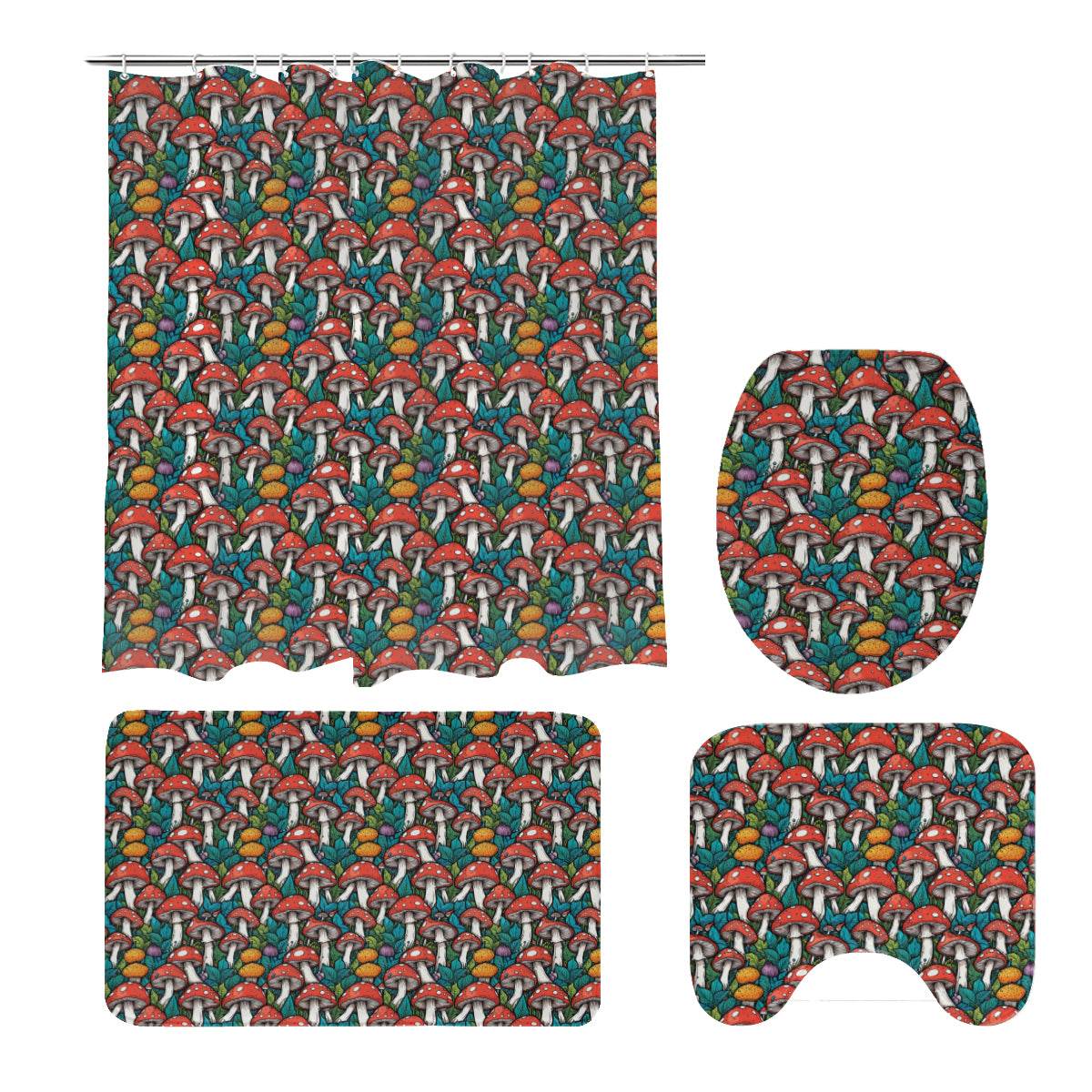 Colored Mushrooms Bathroom Four-Piece Set(Shower Curtain + Toilet Cover Mat + Toilet Foot Mat + Floor Mat)| Polyester - DeRose Seasonal