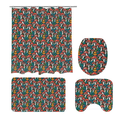 Colored Mushrooms Bathroom Four-Piece Set(Shower Curtain + Toilet Cover Mat + Toilet Foot Mat + Floor Mat)| Polyester - DeRose Seasonal