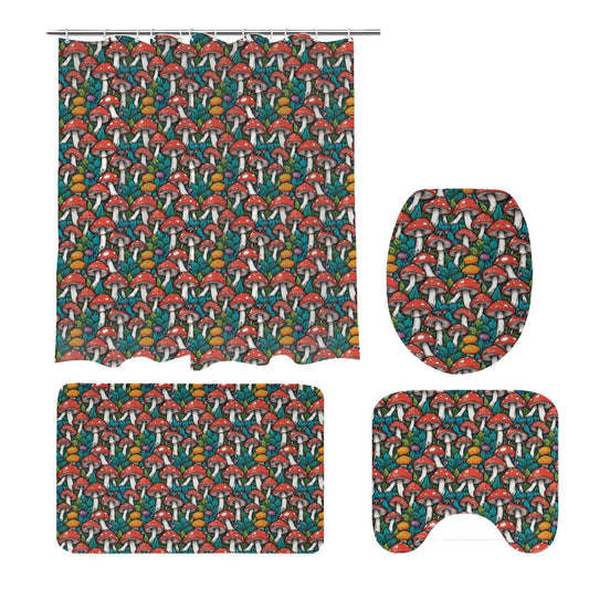 Colored Mushrooms Bathroom Four-Piece Set(Shower Curtain + Toilet Cover Mat + Toilet Foot Mat + Floor Mat)| Polyester - DeRose Seasonal